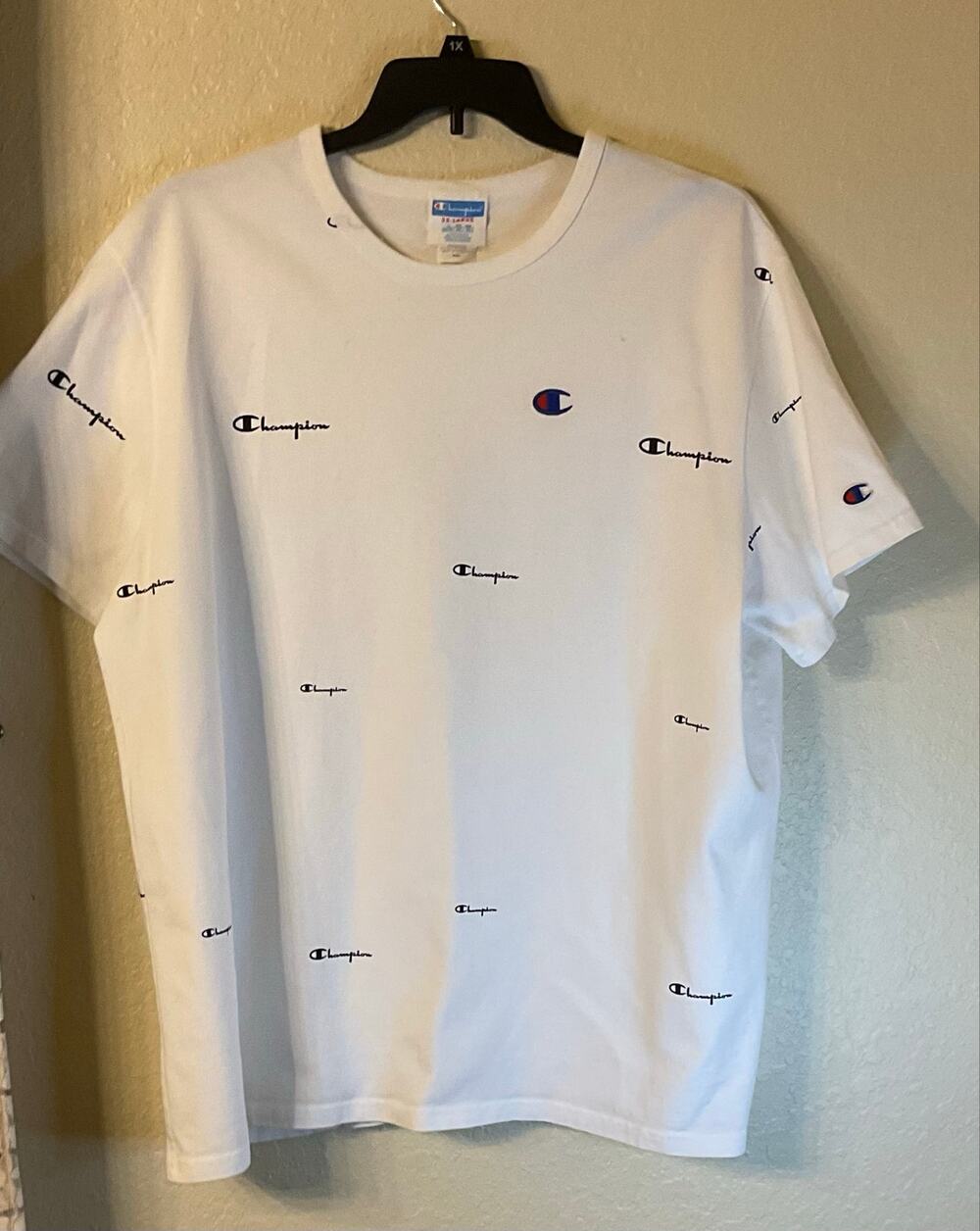 Champion Mens All Over Print T Shirt White Multi Logo Size 1X EUC